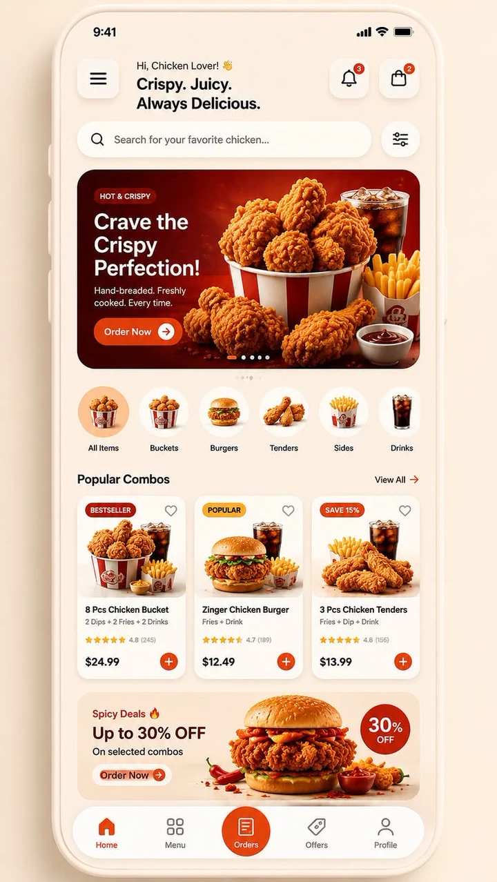 Fried-chicken ordering app home screen: a “Crave the Crispy Perfection!” banner, menu categories, popular combos with prices and a deal of up to 30% off.