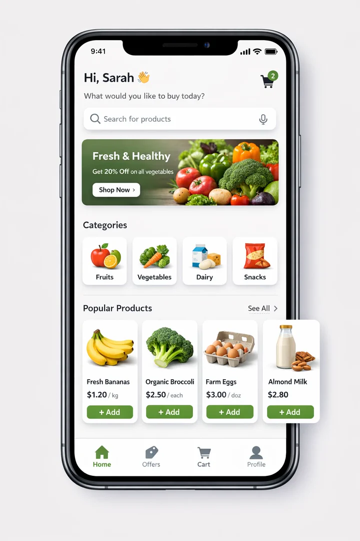 Grocery app home screen greeting Sarah: a 20% off vegetables banner, categories for fruits, vegetables, dairy and snacks, and popular products with Add buttons.