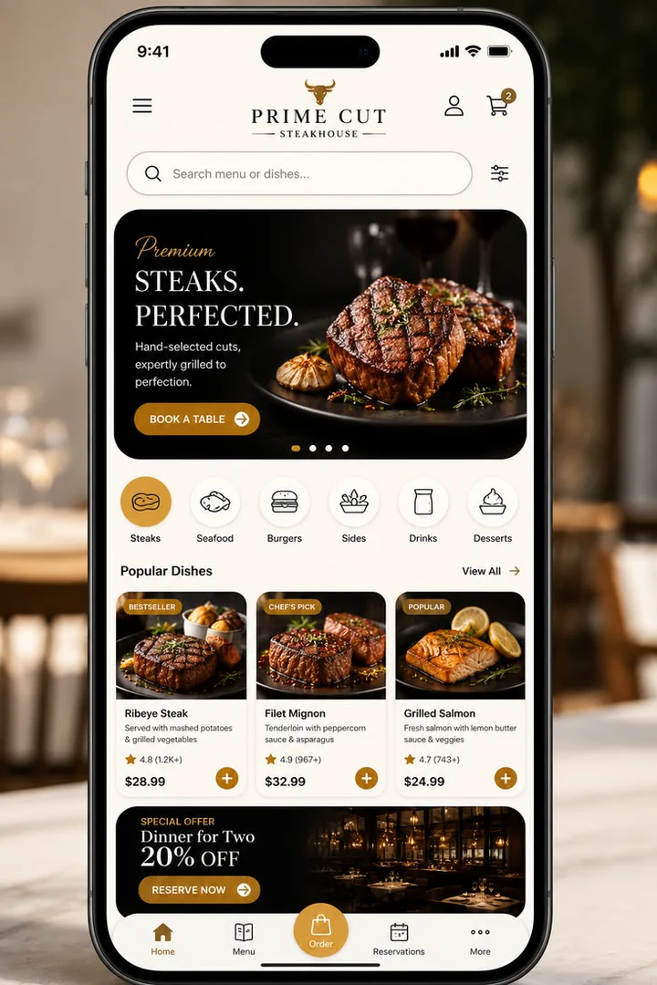 Prime Cut Steakhouse app home screen: a “Premium Steaks. Perfected.” banner with a Book a Table button, menu categories, popular dishes with prices and a dinner-for-two offer.