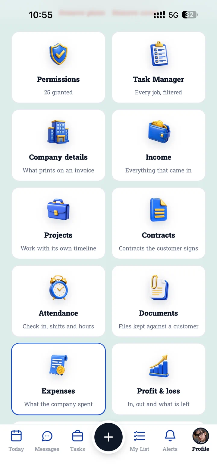 The business modules in English: Permissions, Task Manager, Company details, Income, Projects, Contracts, Attendance, Documents, Expenses and Profit & loss.