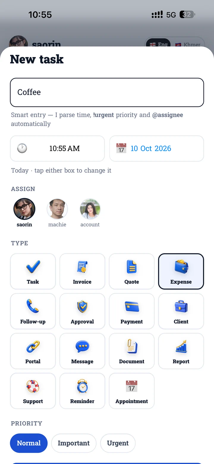 The New task sheet in English: a smart-entry field with the time and date, three people to assign it to, fifteen task types with Expense selected, and Normal, Important and Urgent priorities.