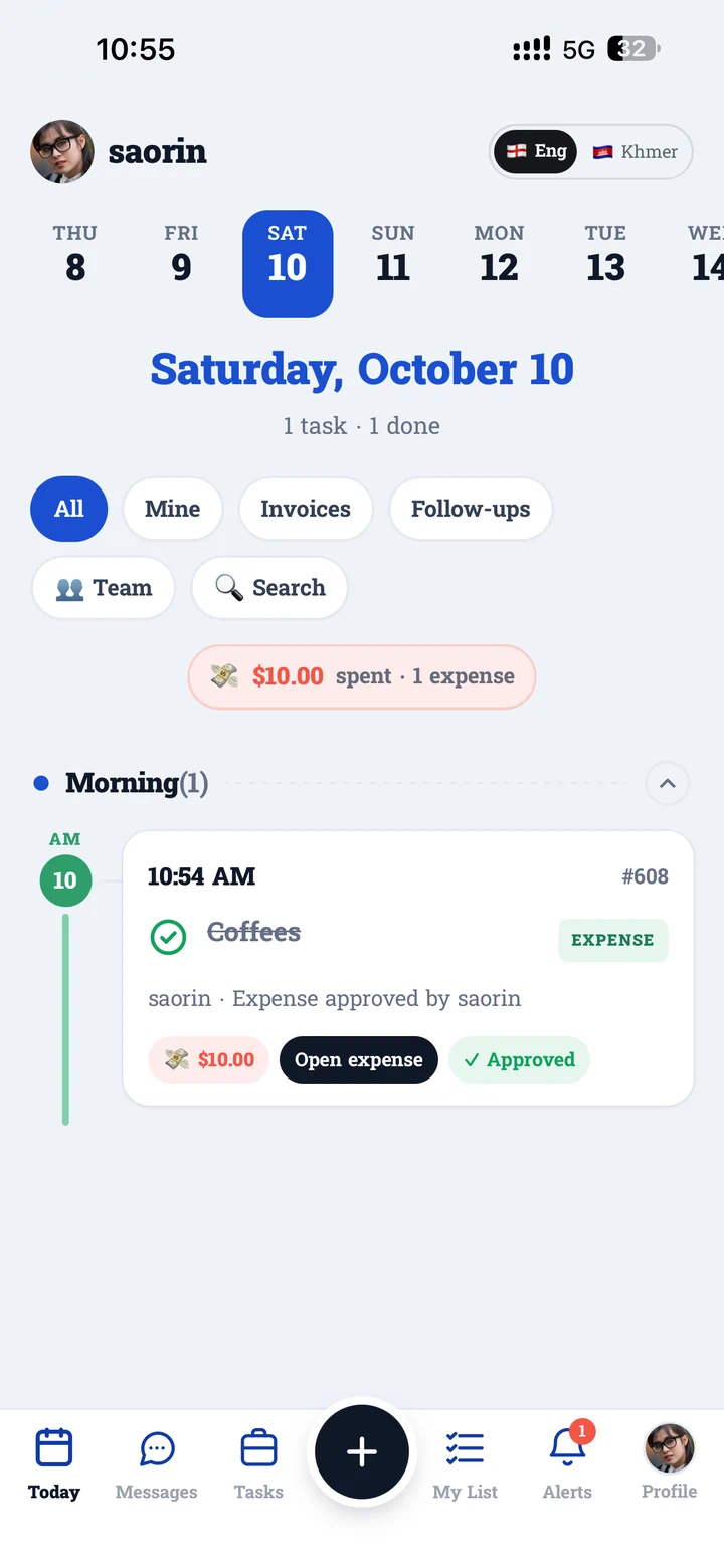 Task Job's Today screen in English: a week strip with Saturday 10 October selected, filters for all, mine, invoices, follow-ups and team, $10.00 spent, and an approved Coffees expense on the morning timeline.